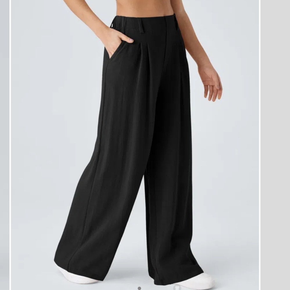 High-Waisted Side Pocket Wide Leg Flowy Solid Palazzo Micro Waffle pleated Pants
